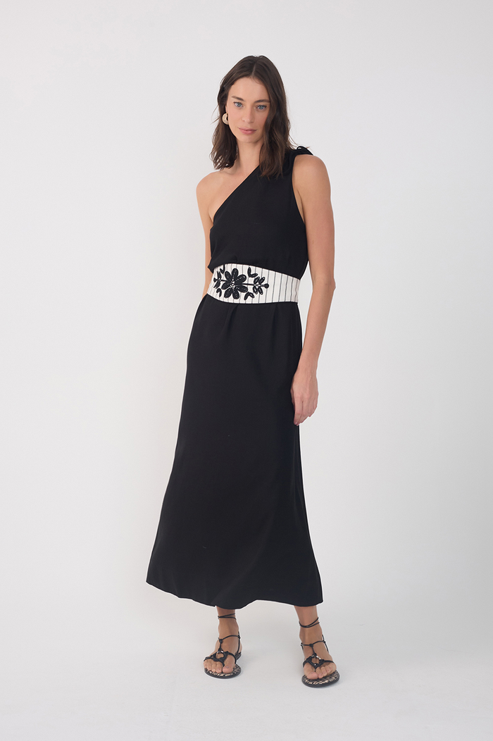 Black One-Shoulder Embroidered Midi Dress_2