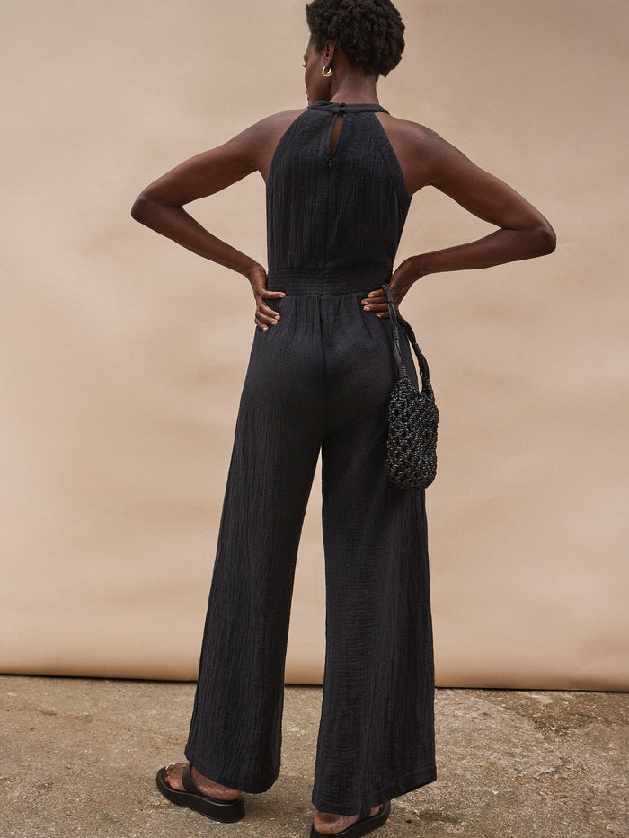 Black Shirred Waist Cheesecloth Jumpsuit
