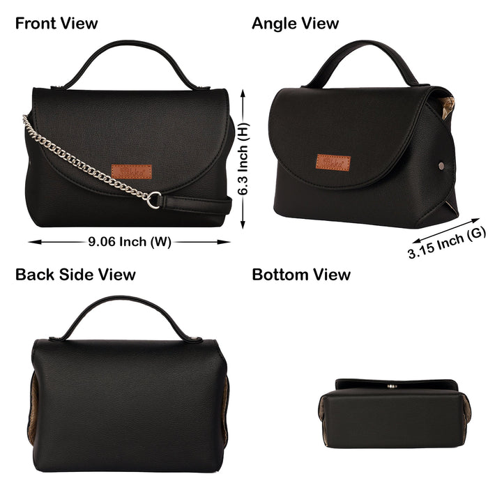 Women’s black vegan leather top handle crossbody sling shoulder bagl-infographic image