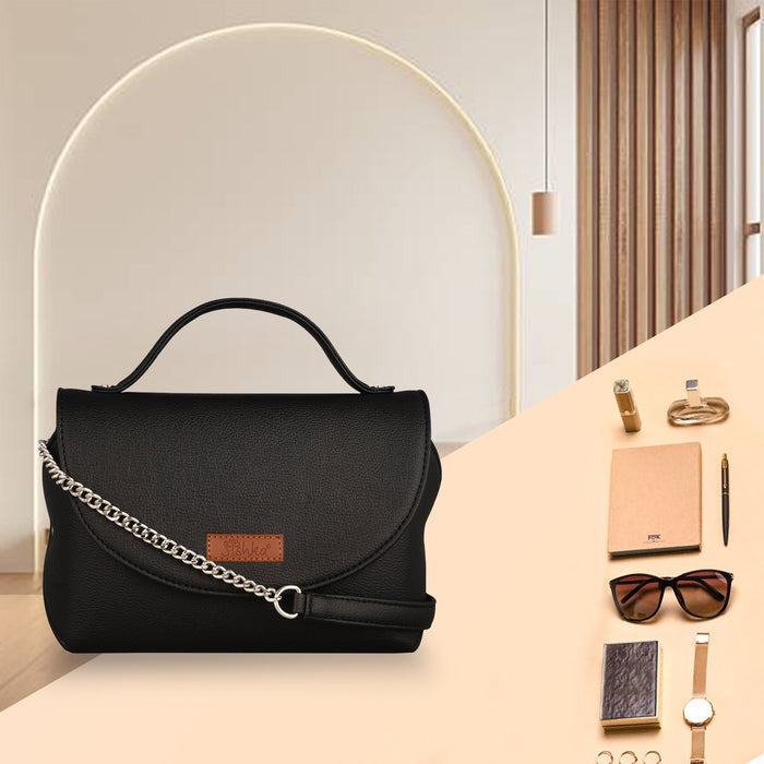 Women’s black vegan leather top handle crossbody sling shoulder bag-feature view