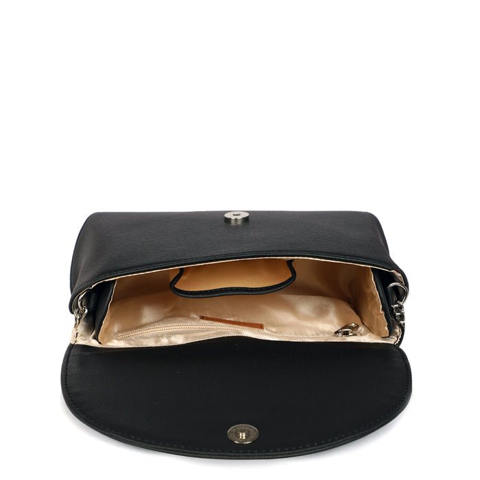 Women’s black vegan leather top handle crossbody sling shoulder bag-interior view