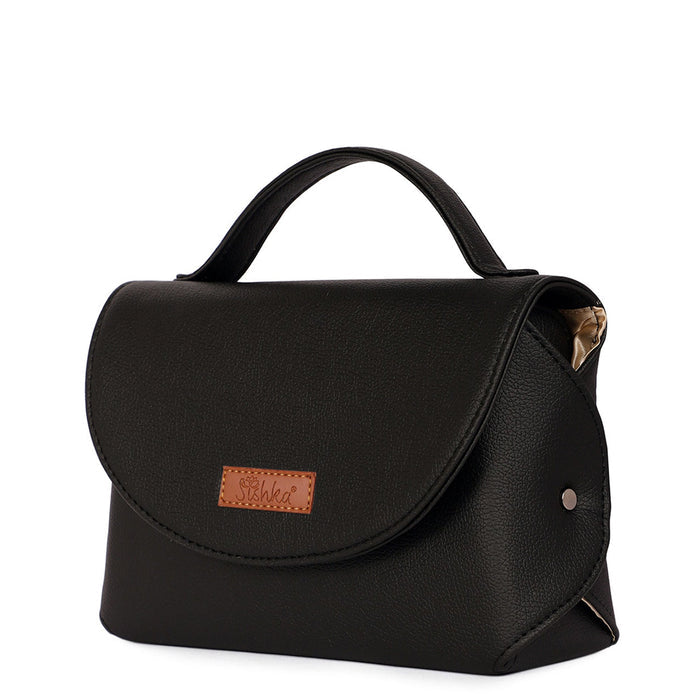Women’s black vegan leather top handle crossbody sling shoulder bag-half side view