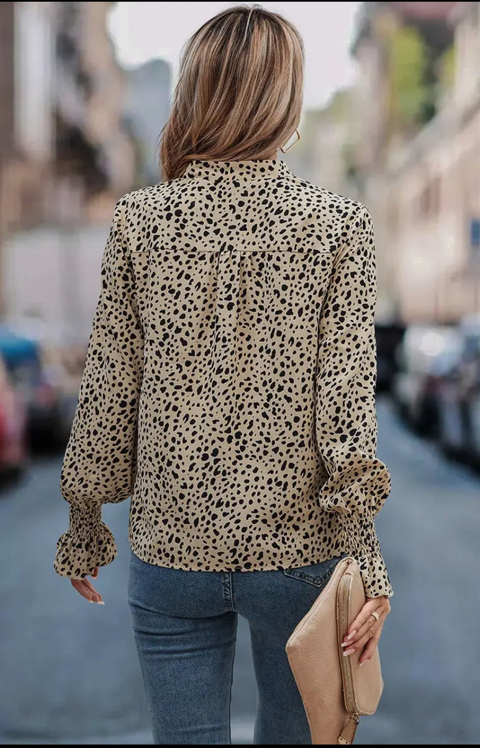Blouse - All Over Print V Neck Long Sleeve, Beige
