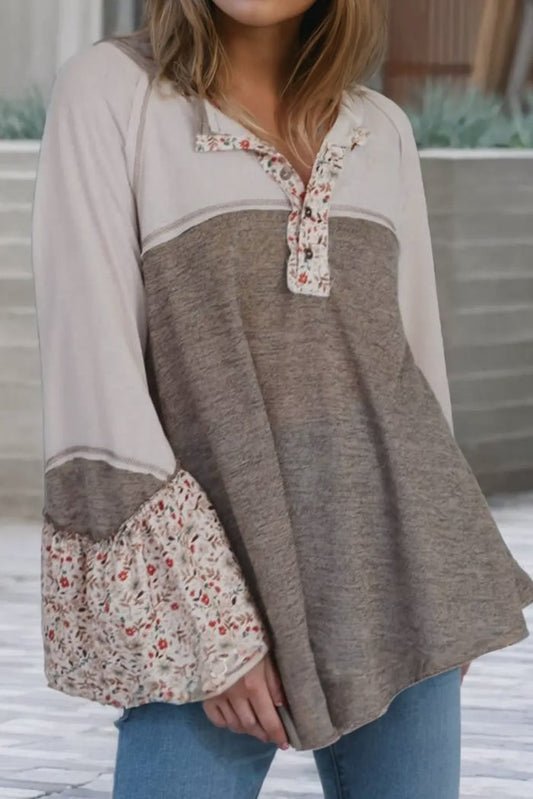 Blouse - Colorblock Floral Patchwork Flared Sleeve Top
