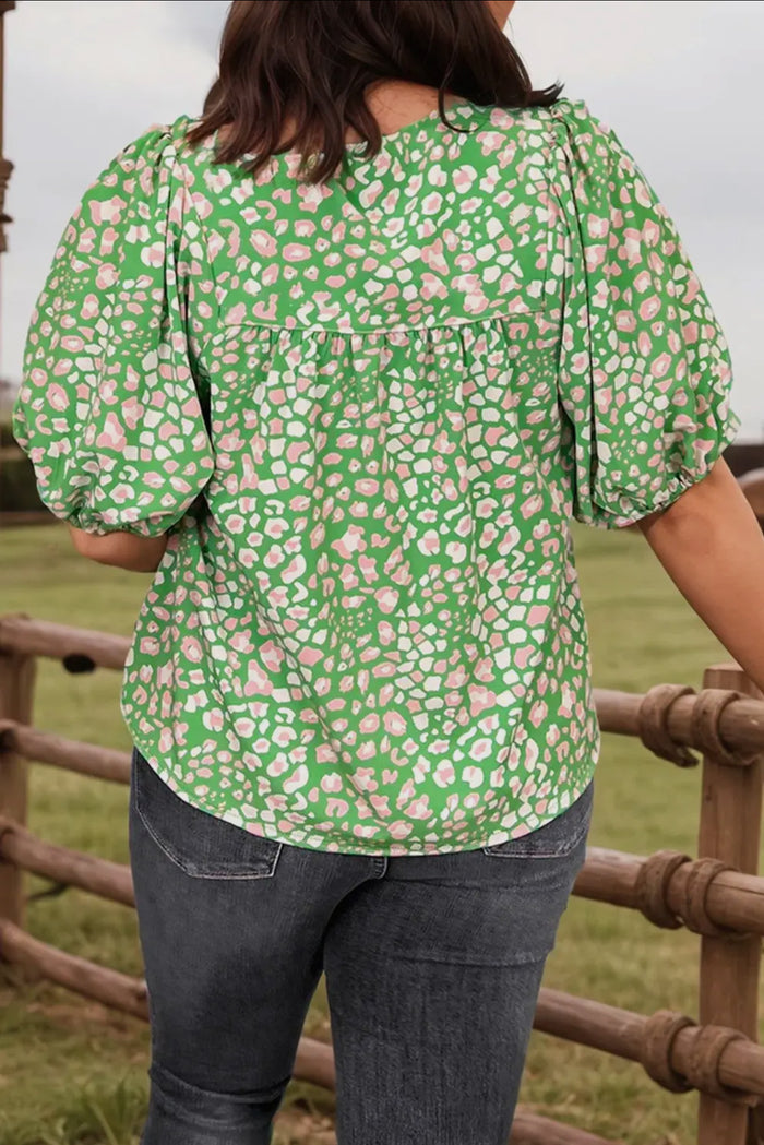 Blouse - Floral Tassel Tie Split Neck Puff Sleeve Blouse, Green, Plus Size