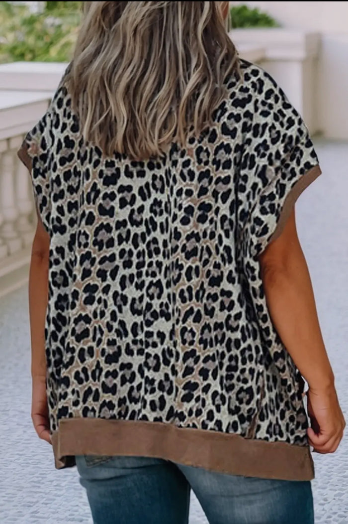 Blouse - Ldc Leopard Contrast Trim Short Sleeve Loose Top, Khaki, Plus Size
