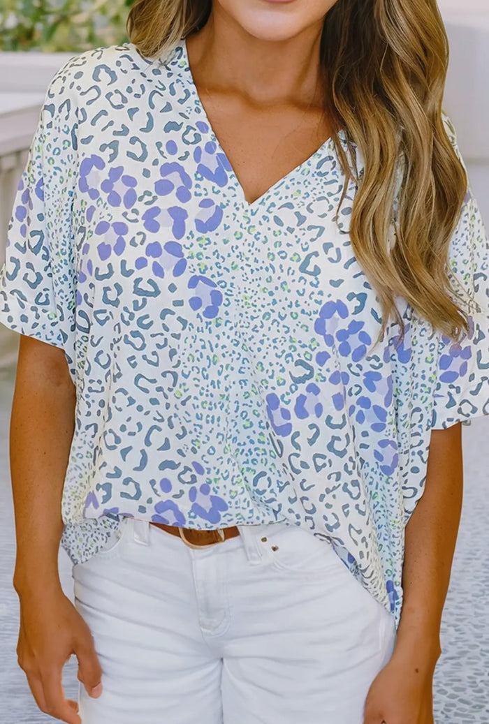 Blouse - Ldc Mixed Leopard Print V Neck Short Sleeve Blouse, Sky Blue