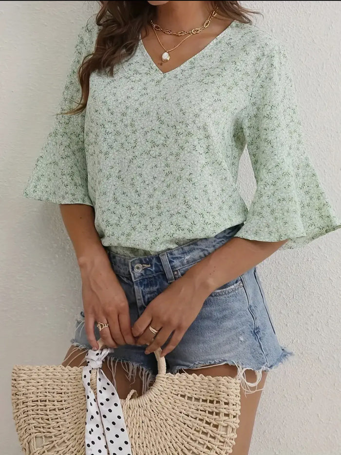 Blouse - V-Neck Floral Short Sleeved Top, Green, Also Plus Size