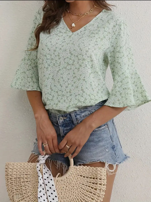 Blouse - V-Neck Floral Short Sleeved Top, Green, Also Plus Size