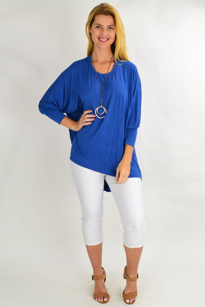 Blue bamboo tunic top by Hourglass, featuring a relaxed fit and lightweight fabric, shown on a model.