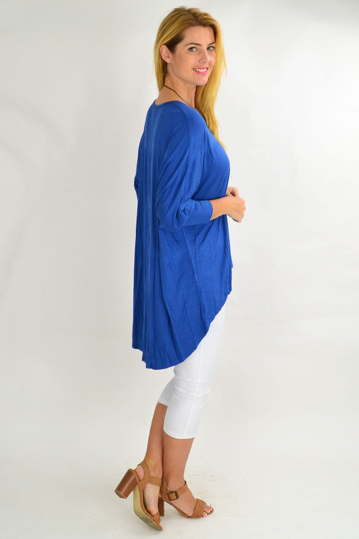 Cobalt blue bamboo tunic top for women by Hourglass, featuring a relaxed fit and stylish design, ideal for casual wear.