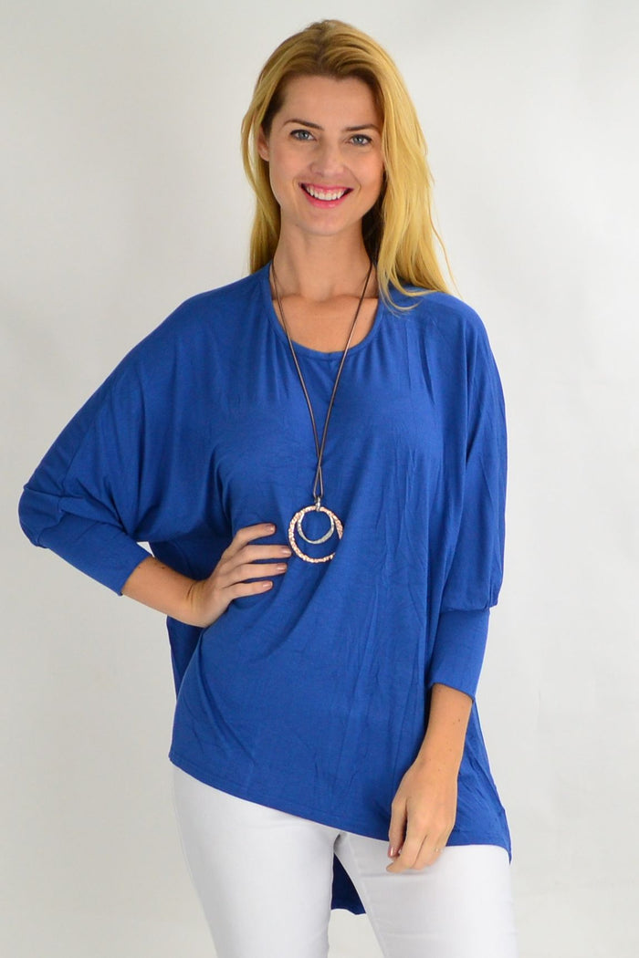 Blue bamboo tunic top by Hourglass, cobalt blue, relaxed fit with long sleeves, perfect for casual or stylish everyday wear.