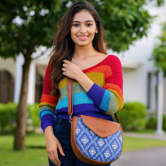 Blue printed canvas shoulder‑sling bag with tall soft silhouette for work and everyday use-model image