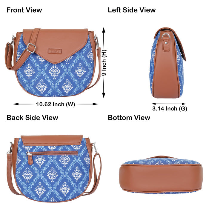 Blue printed canvas shoulder‑sling bag with tall soft silhouette for work and everyday use-infographic image
