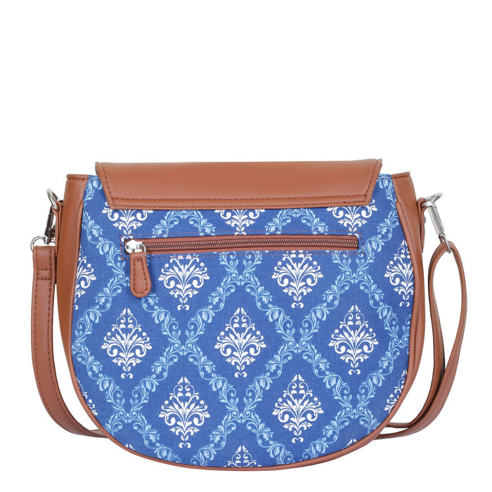 Blue printed canvas shoulder‑sling bag with tall soft silhouette for work and everyday use-back view