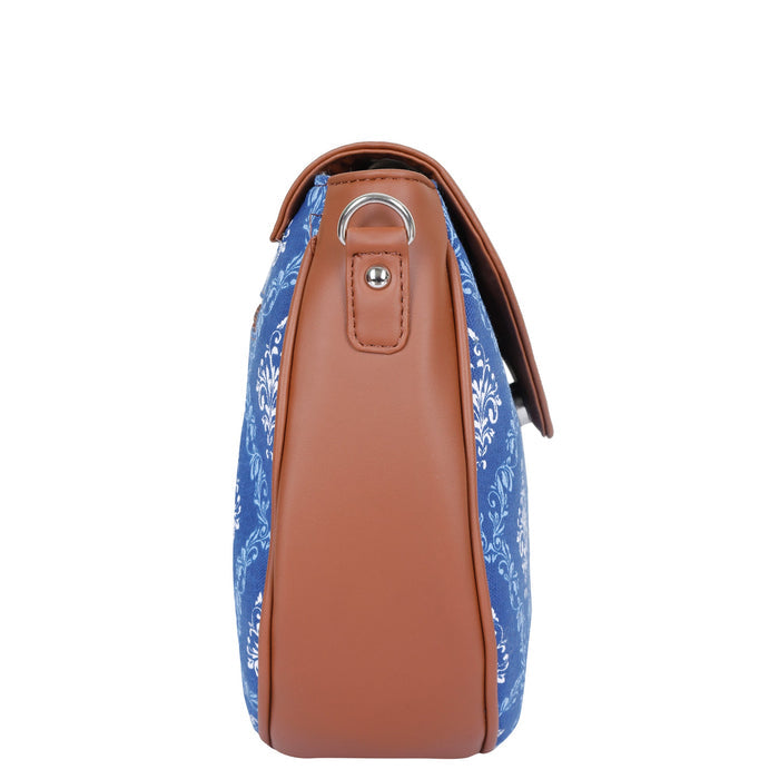 Blue printed canvas shoulder‑sling bag with tall soft silhouette for work and everyday use-side view