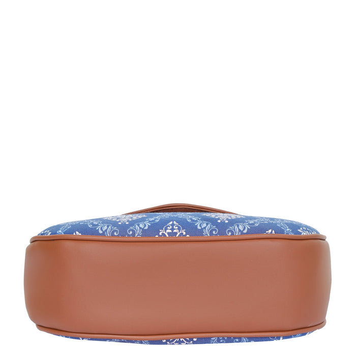 Blue printed canvas shoulder‑sling bag with tall soft silhouette for work and everyday use-bottom view