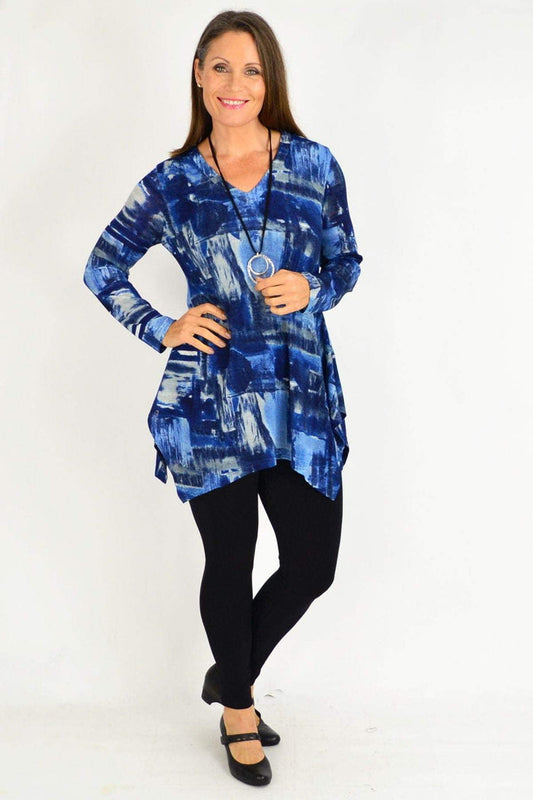 Blue Stylius Nova Tunic Top with long sleeves and a relaxed fit, showcased on a white background.