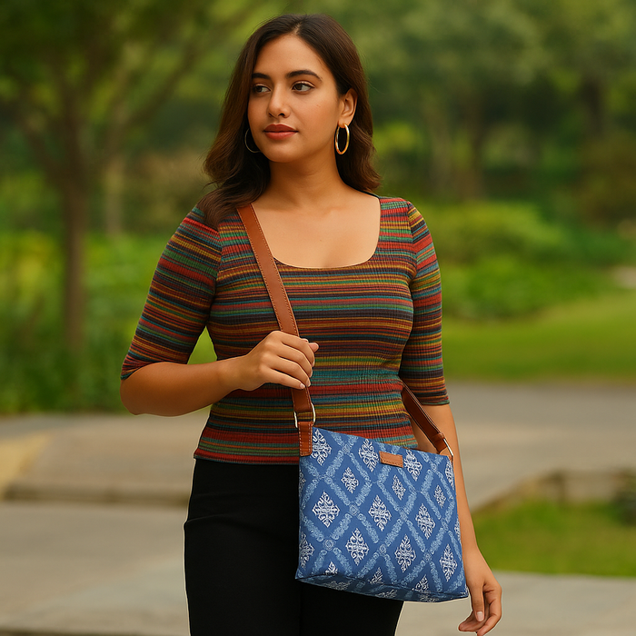 Blue printed canvas shoulder‑sling bag with soft relaxed silhouette for work and everyday use-model image