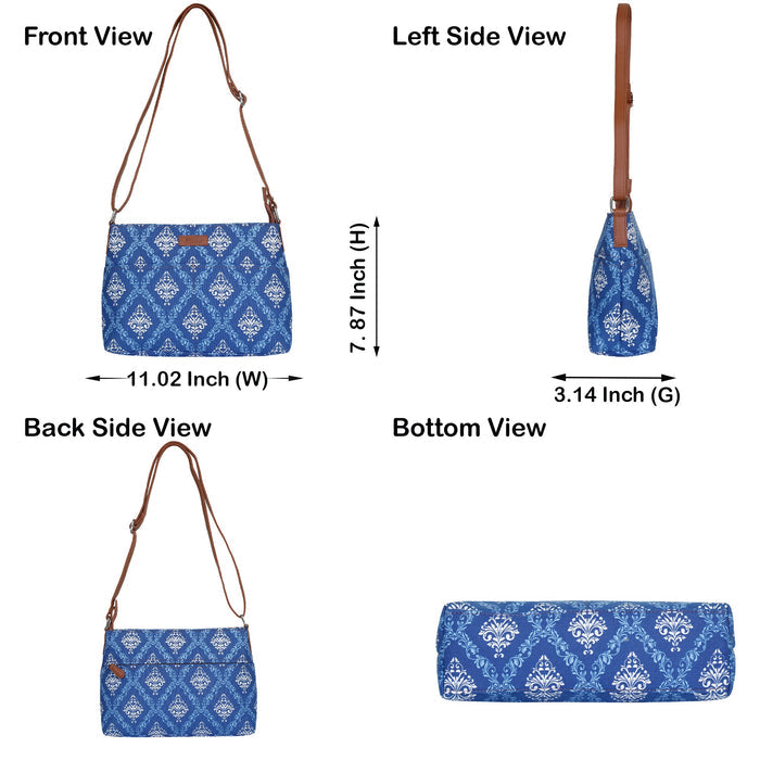 Blue printed canvas shoulder‑sling bag with soft relaxed silhouette for work and everyday use-infographic image