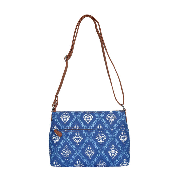 Blue printed canvas shoulder‑sling bag with soft relaxed silhouette for work and everyday use-back view