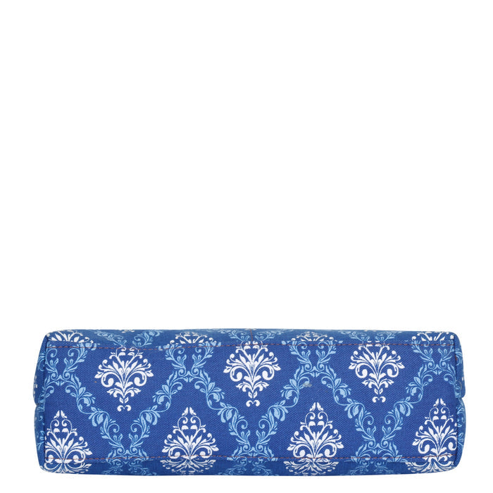 Blue printed canvas shoulder‑sling bag with soft relaxed silhouette for work and everyday use-bottom view