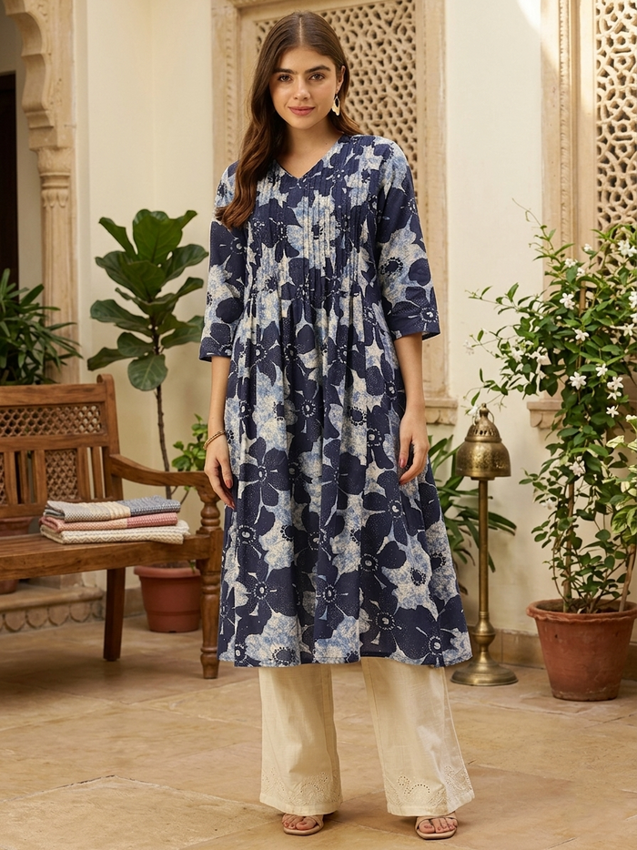 Blue Pure Cotton Floral Printed  Kurta