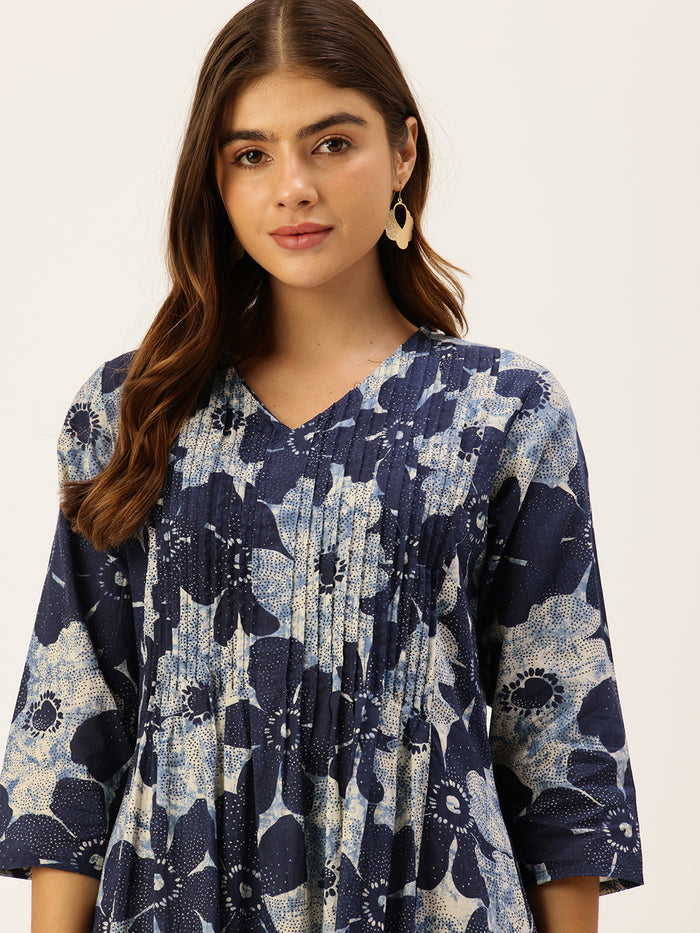 Blue Pure Cotton Floral Printed  Kurta