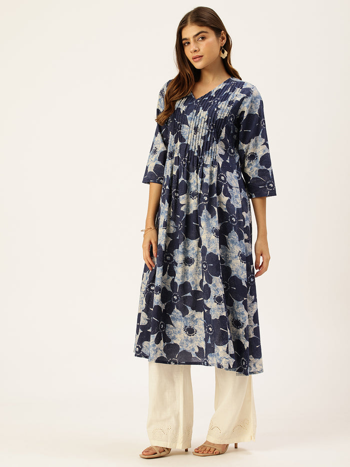 Blue Pure Cotton Floral Printed  Kurta