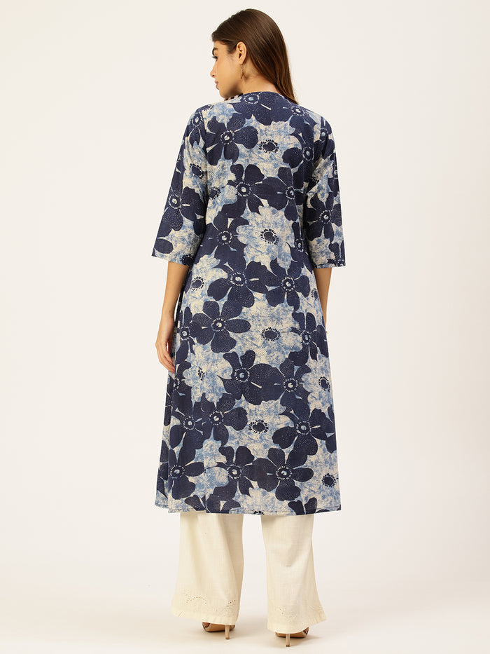 Blue Pure Cotton Floral Printed  Kurta