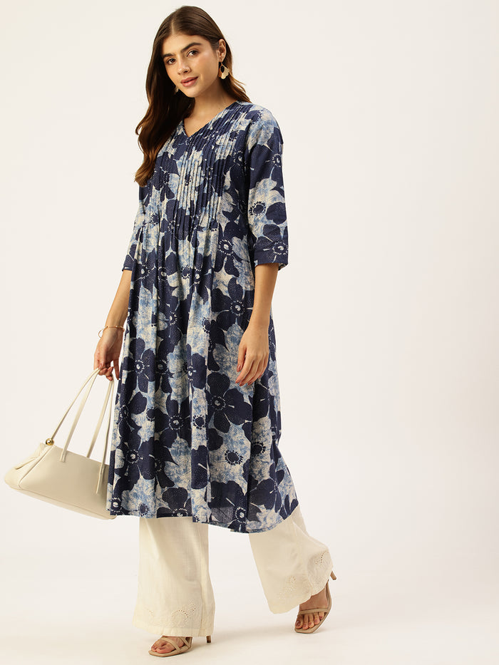 Blue Pure Cotton Floral Printed  Kurta