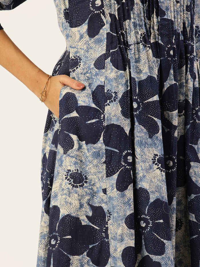 Blue Pure Cotton Floral Printed  Kurta