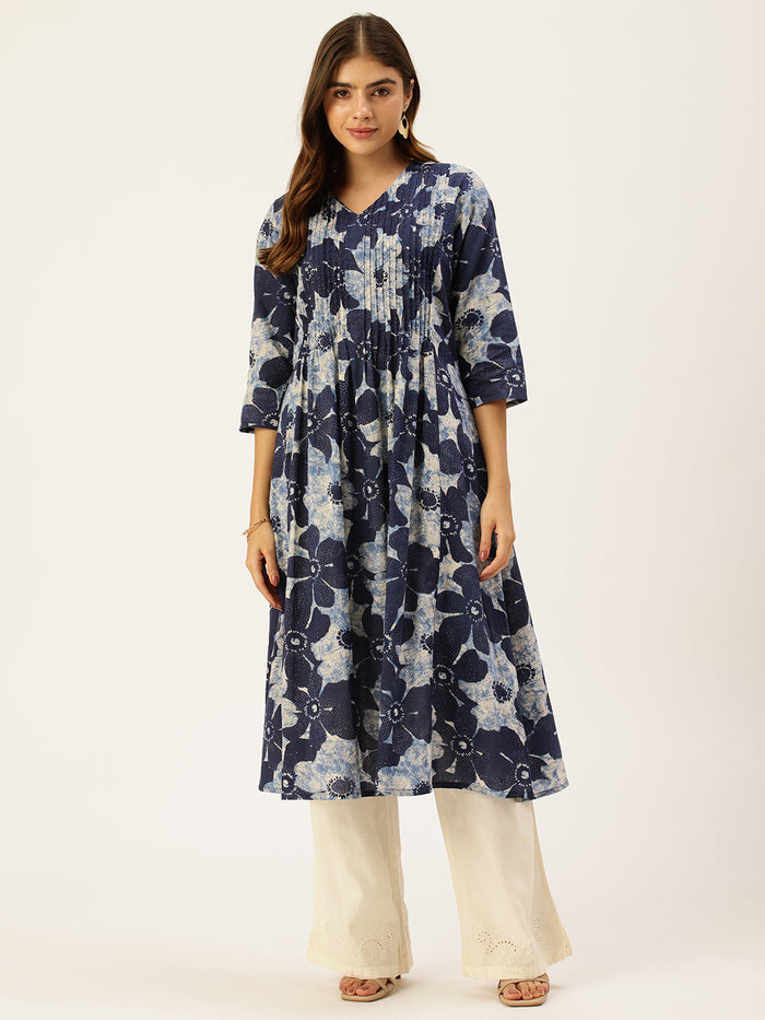 Blue Pure Cotton Floral Printed  Kurta