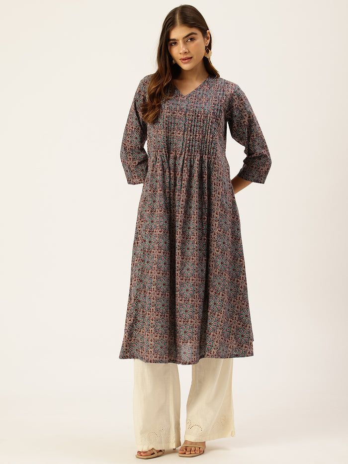 Blue Pure Cotton Printed  Kurta