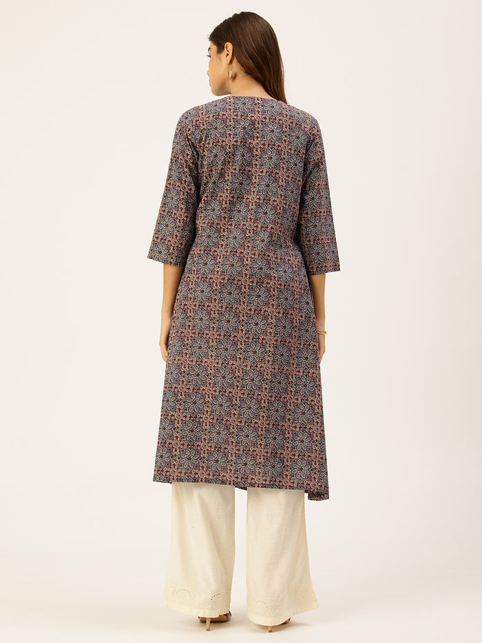Blue Pure Cotton Printed  Kurta