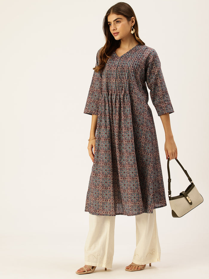 Blue Pure Cotton Printed  Kurta