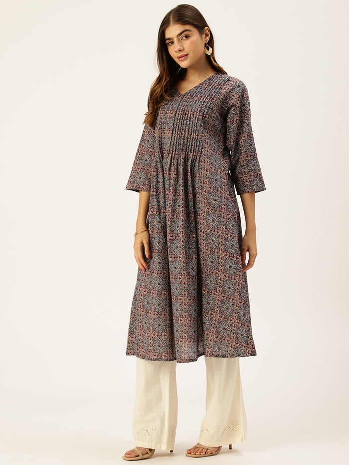 Blue Pure Cotton Printed  Kurta