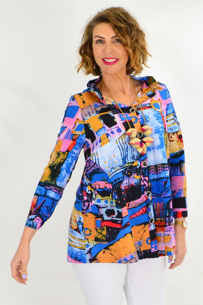 Blue Train High Collar Tunic Shirt by Ruby Rain, showcasing a stylish long tunic with a high collar and relaxed fit.