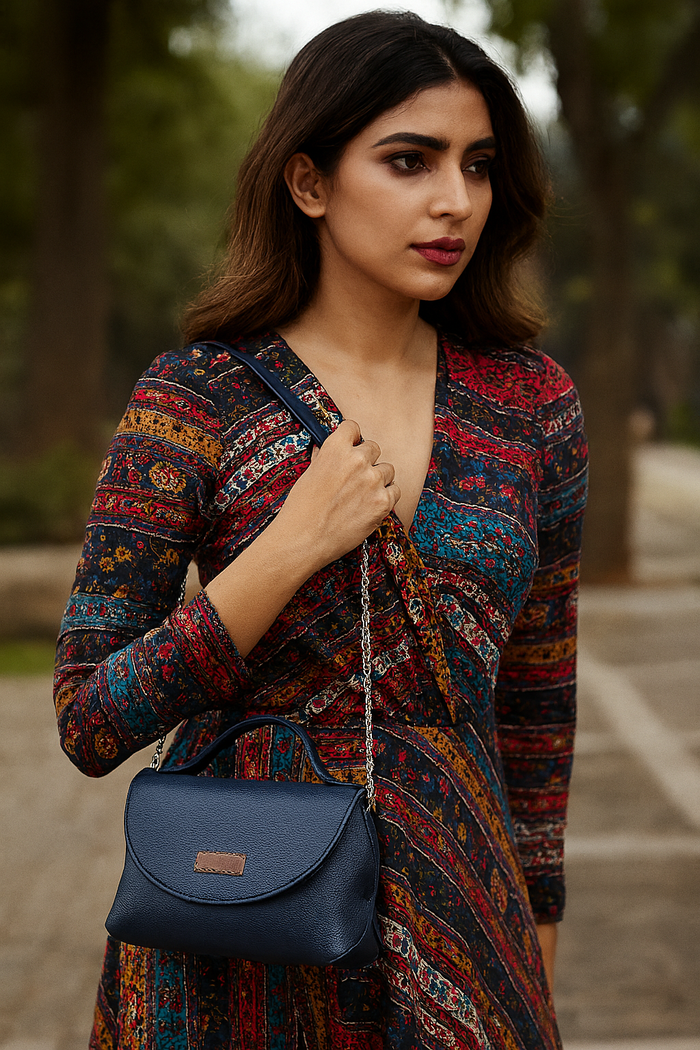 Women’s blue vegan leather top handle crossbody sling shoulder bag-model image