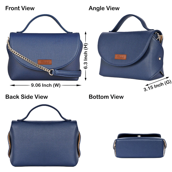 Women’s blue vegan leather top handle crossbody sling shoulder bag-infographic image