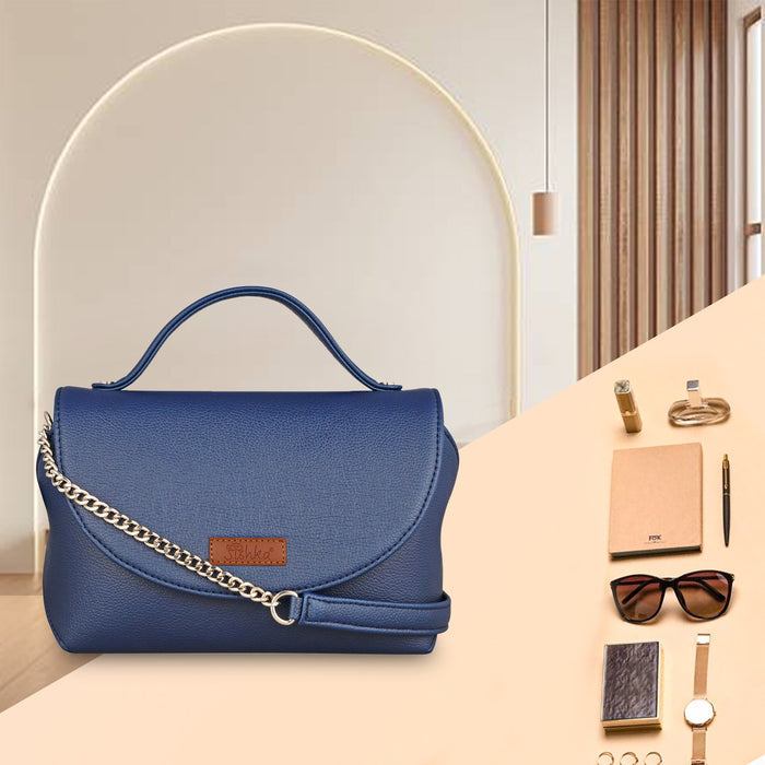Women’s blue vegan leather top handle crossbody sling shoulder bag-feature image