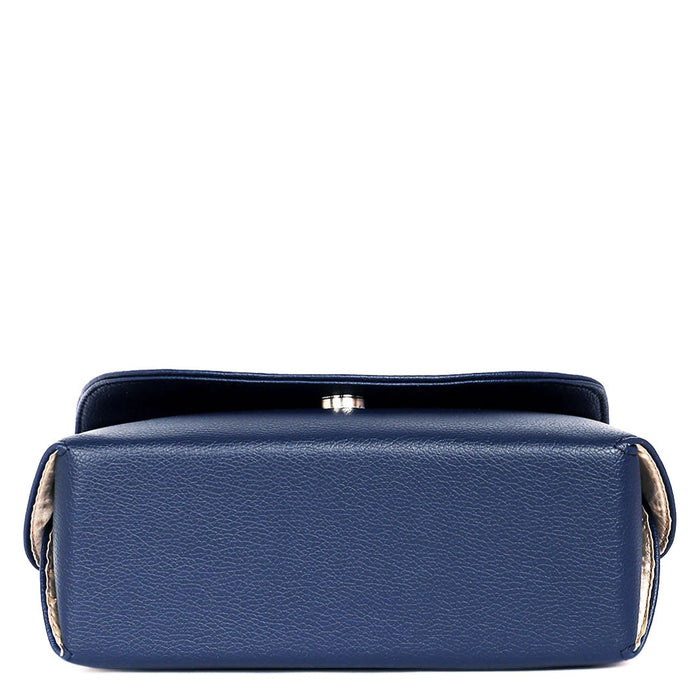 Women’s blue vegan leather top handle crossbody sling shoulder bag-bottom view