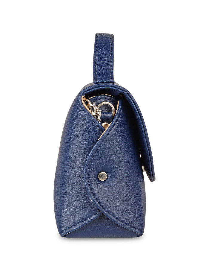 Women’s blue vegan leather top handle crossbody sling shoulder bag-side view