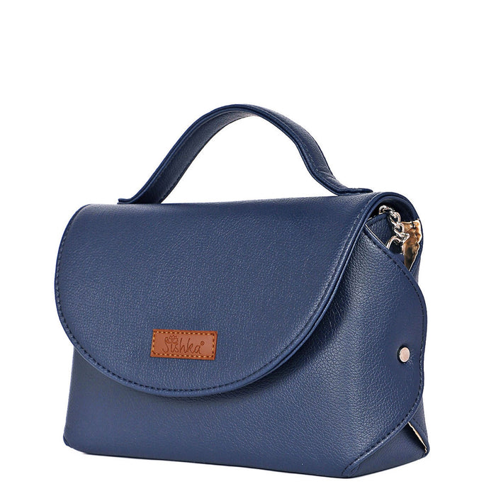 Women’s blue vegan leather top handle crossbody sling shoulder bag-half side view