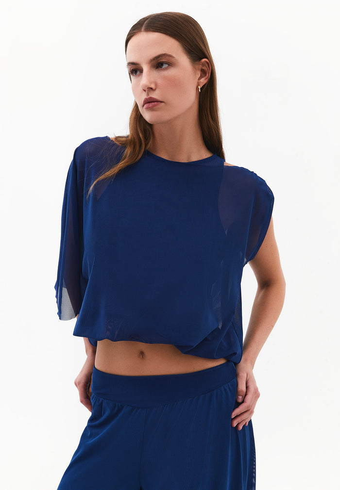 Boat Neck Loose Fit T-Shirt - NAVY PEONY