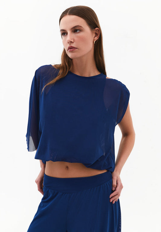 Boat Neck Loose Fit T-Shirt - NAVY PEONY