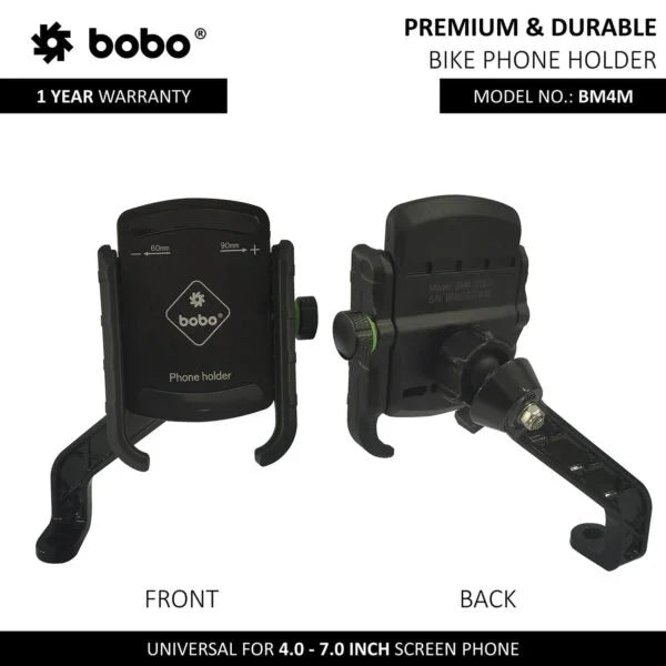 Front and back view of BOBO BM4M universal bike phone holder for 4.0 to 7.0-inch smartphones.