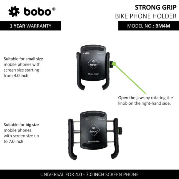 BOBO BM4M motorcycle phone holder with adjustable grip and rearview mirror mount, front and rear views.
BOBO BM4M bike phone holder with rearview mirror attachment, displaying front and back perspectives