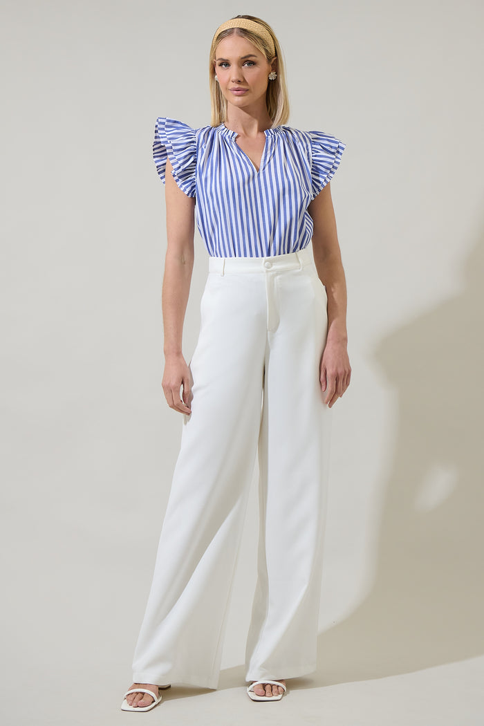 Brandy Striped Risette Ruffle Split Neck Top