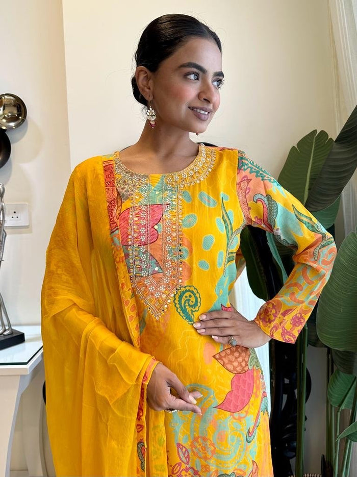 Bright Yellow Floral Chinnon Set